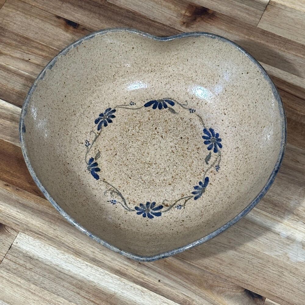Art Studio Pottery Heart Dish Blue Sponged Exterior, Hand-Painted Floral Center